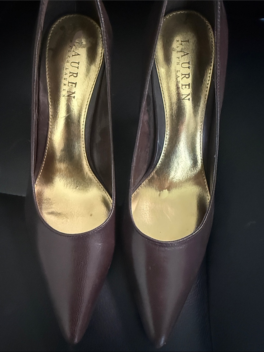 Ralph Lauren Dark Brown Pointed-Toe Leather Pumps with Gold Insole